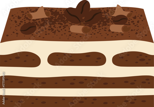 Simple Flat Illustration of Delicious Chocolate Tiramisu Cake Slice Dessert