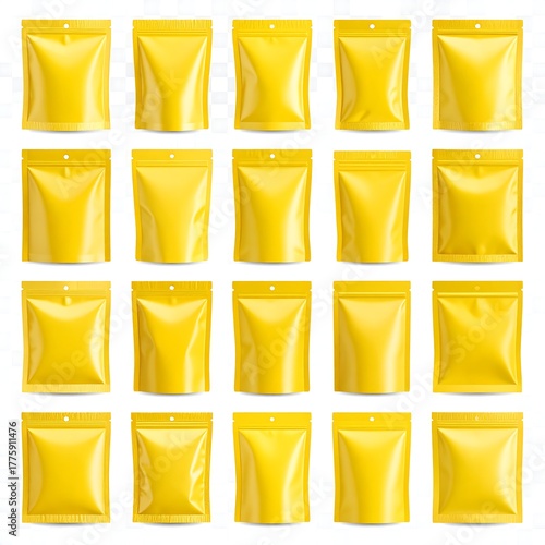 Rows of bright yellow packaging pouches, isolated on a white background