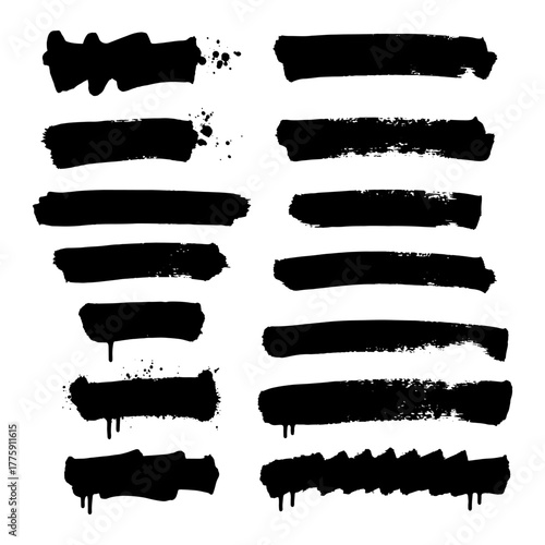 Set of black grunge brush strokes and paint texture elements