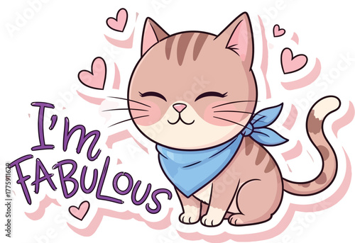 Adorable cartoon kitten with a snazzy bandana and hearts declares I'm fabulous against a soft pink backdrop, purrfect for greetings and happy designs