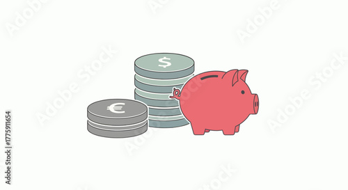 Simple Illustration of Piggy Bank and Stack of Gold Coins