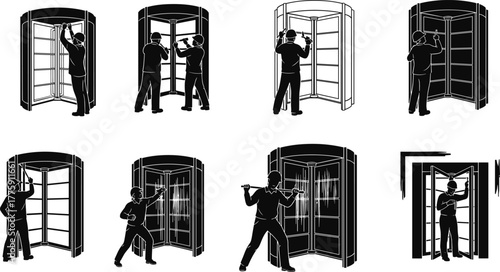 Silhouette vector illustration of workers assembling corner cabinet, drilling panels, adjusting shelves, polishing surfaces, teamwork, safety, construction, repair, furniture, and industry