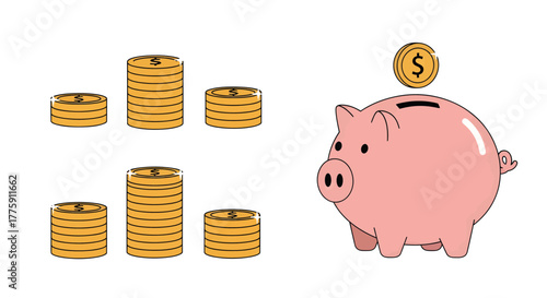 Simple Illustration of Piggy Bank and Stack of Gold Coins
