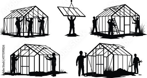 Silhouette vector illustration of workers assembling greenhouse, lifting panels, installing roof, teamwork, safety, construction site, repair, maintenance, inspection, agriculture, and industry