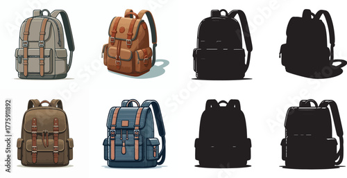 Vector set image and simple silhouette of men's backpack on white background