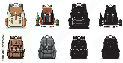 Vector set image and simple silhouette of men's backpack on white background