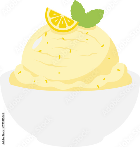 Flat Style Delicious Lemon Sorbet Ice Cream with Mint Leaf Dessert