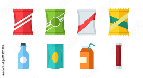 Vibrant collection of modern snack food packaging and beverage containers offering a fresh, appealing look for diverse commercial uses.
