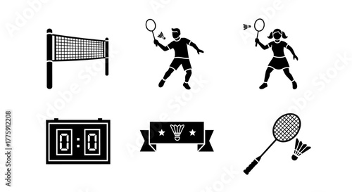 Dynamic badminton silhouettes capture the thrill of the game, featuring players, net, score, and equipment for sports enthusiasts and event promotions