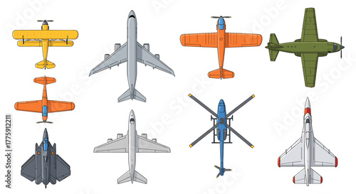 Explore a fleet of aircraft with this colorful set of airplane and helicopter illustrations for aviation enthusiasts or design projects needing flight elements