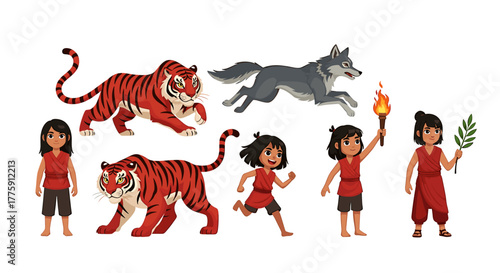 Vibrant jungle adventures feature brave children, powerful tigers, and a swift wolf, inspiring stories of courage and friendship in a magical world.