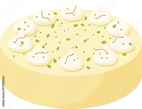 Flat Lay Delicious Indian Rasmalai Cake with Cream Topping and Pistachios