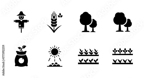 Charming collection of farm and nature icons: scarecrow, wheat, trees, seed bag, sun, and sprouting plants for agricultural themes