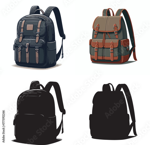 Vector set image and simple silhouette of men's backpack on white background