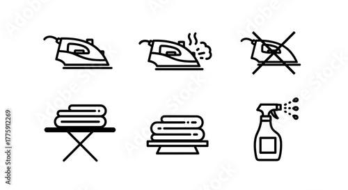Essential laundry care icons including ironing, steaming, no iron symbol, folded clothes, and spray bottle for professional household guidance