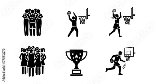 Dynamic basketball action icons showcase teamwork, scoring, and championship victory with a trophy and diverse players