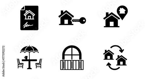 Professional real estate icons depicting contracts, keys, location, outdoor living, architecture, and property exchange for modern business use
