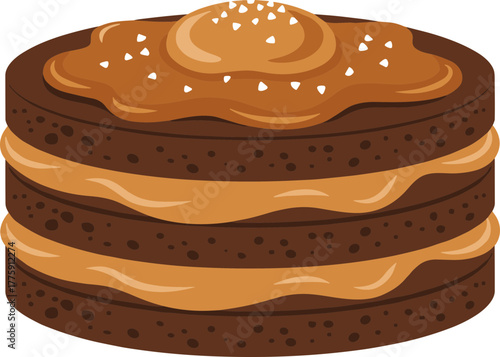 Cute Cartoon Style Chocolate Layered Cake with Caramel Topping Dessert