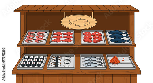 Vibrant seafood display featuring fresh shrimp, salmon, tuna, sushi, and caviar at a charming wooden market stall.