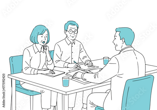 Three diverse people collaborate around a table in a simple drawing style - Flat Vector Illustration. Colored vector illustration