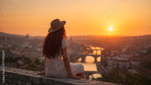 Back view of Tourist woman admiring view of colorful the view of the city. Europe travel. Lifestyle, vacation, rest, active life. Ai Generative.