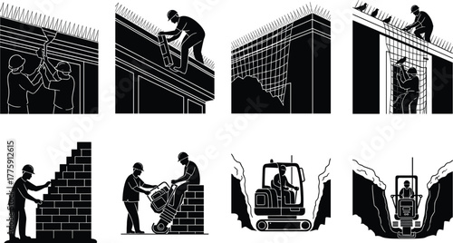 Silhouette vector illustration of workers building walls, laying bricks, installing steel reinforcement, mixing concrete, excavation, compaction, teamwork, safety, engineering, and construction