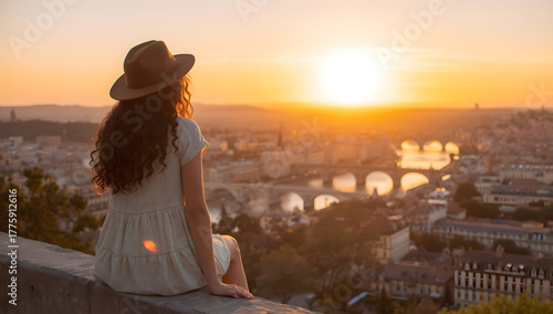 Back view of Tourist woman admiring view of colorful the view of the city. Europe travel. Lifestyle, vacation, rest, active life. Ai Generative.