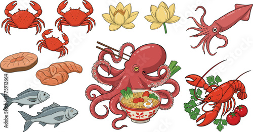 Cartoon seafood and marine life illustration, octopus with ramen vector, crab squid fish artwork, culinary ocean ingredients clipart design