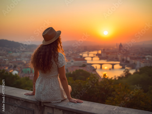 Back view of Tourist woman admiring view of colorful the view of the city. Europe travel. Lifestyle, vacation, rest, active life. Ai Generative.