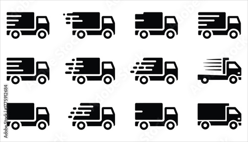 Collection of black and white delivery truck icons showing motion and static states lorry cargo truck