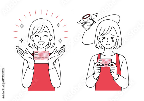 Before and after joyful reaction to a new product or gift - Flat Vector Illustration. Colored vector illustration