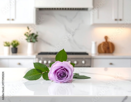 Purple rose on white marble countertop in a kitchen