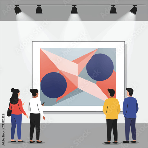 Three diverse people observe a large, geometric abstract painting highlighted by subtle spotlights on a clean, minimalist white gallery wall, created as a 2D flat vector illustration.