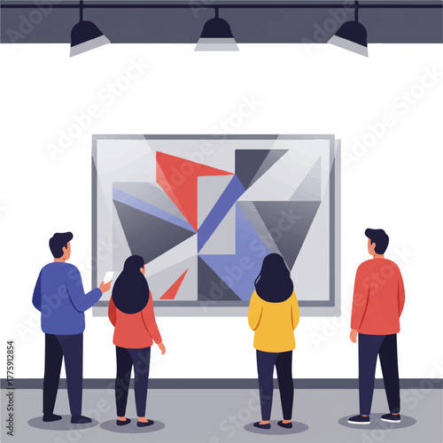 Flat 2D vector illustration of three diverse people observing a large geometric abstract painting displayed on a clean, minimalist white museum gallery wall.