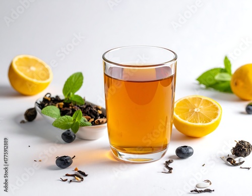 Refreshing tea in a glass, with lemons, blueberries, and mint