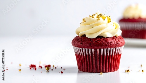 Red velvet cupcake with cream cheese frosting, gold sprinkles, white backdrop