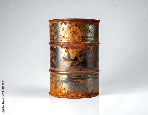 Rusty, weathered cylindrical metal container, on a clean white background