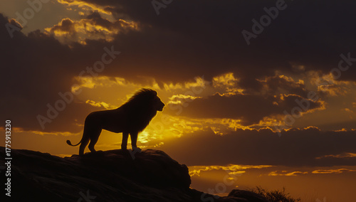 Majestic lion silhouette standing proudly on a rock overlooking a fiery sunset sky