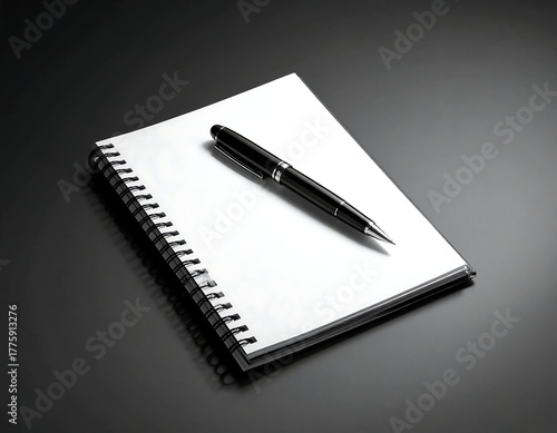 Spiral-bound notebook and sleek pen resting on a dark gray surface