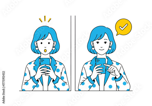Two women's reactions to their smartphones expressing surprise and satisfaction - Flat Vector Illustration. Colored vector illustration