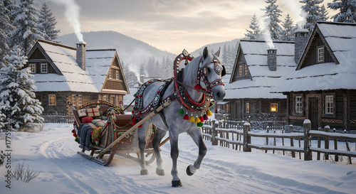 Horse pulling sleigh with gifts through winter village