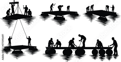 Silhouette vector illustration of workers constructing floating platform on water, assembling wooden planks, securing barrels, teamwork, engineering, safety, repair, and industry