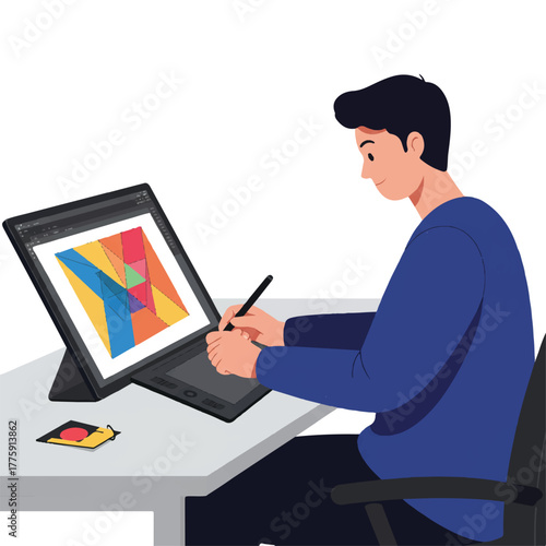2D flat vector illustration showing a young professional sitting at a modern desk using a stylus on a digital drawing tablet to produce a colorful geometric visual.