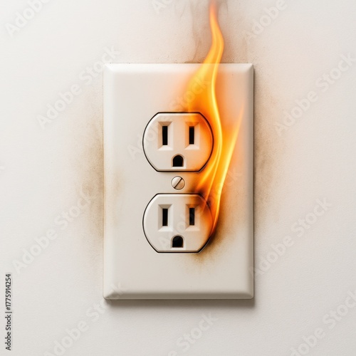 Fire breaking around a generic wall electrical outlet flames venting from edges of a blank faceplate with light scorch marks isolated on white