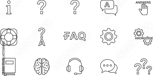 Information Support Outline Icons, Knowledge, Gears, Questions on White Background