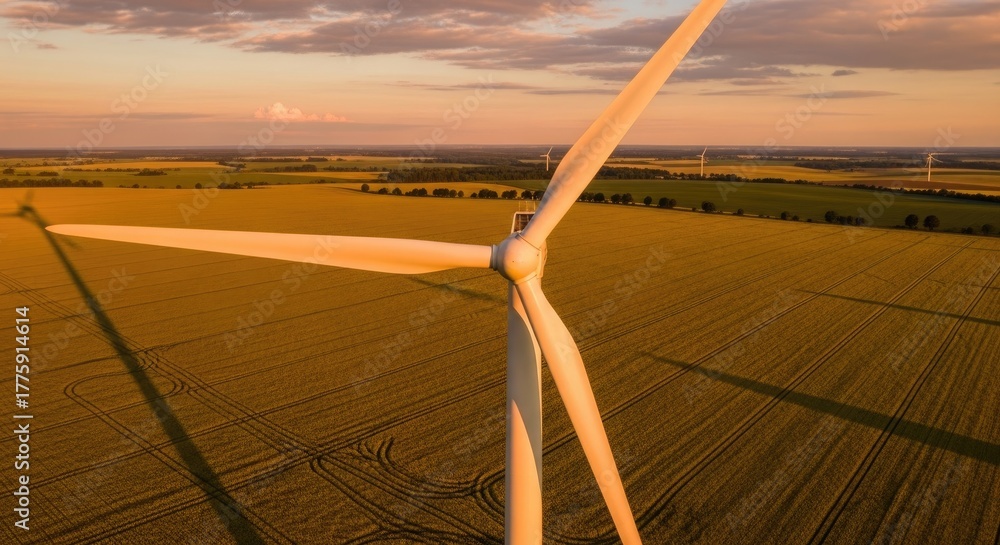 Fototapeta premium A wind turbine in a vast, open field with a golden sunset backdrop.