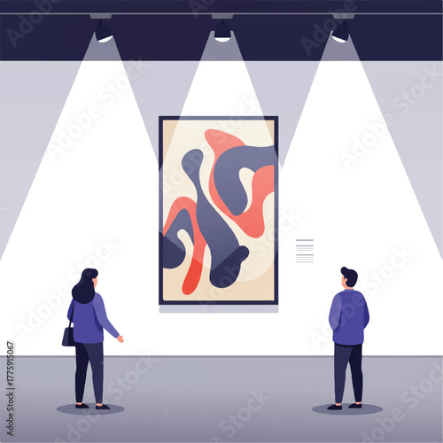 Two museum visitors are observing a large abstract painting displayed centrally on a gallery wall under soft spotlights, rendered in a clean, flat 2D vector illustration style.