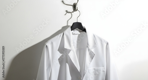 Lab coat hanging on wall representing science and medicine