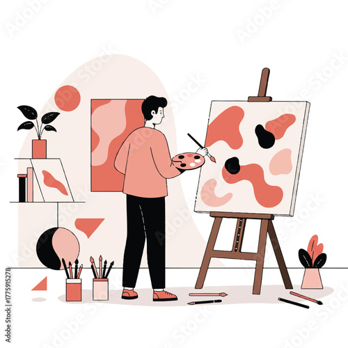 Flat 2D vector illustration showing a focused young artist holding a palette and brush, standing in a minimalist studio while creating a vibrant abstract painting on a large easel.