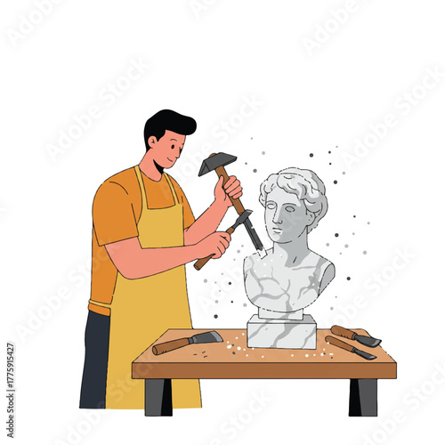 A skilled sculptor meticulously carving a classic marble bust using a chisel and hammer on a sturdy workbench, depicted in a clean 2D flat vector illustration with floating dust particles.